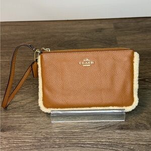 Coach Pebbled Leather Wristlet with Shearling Trim
